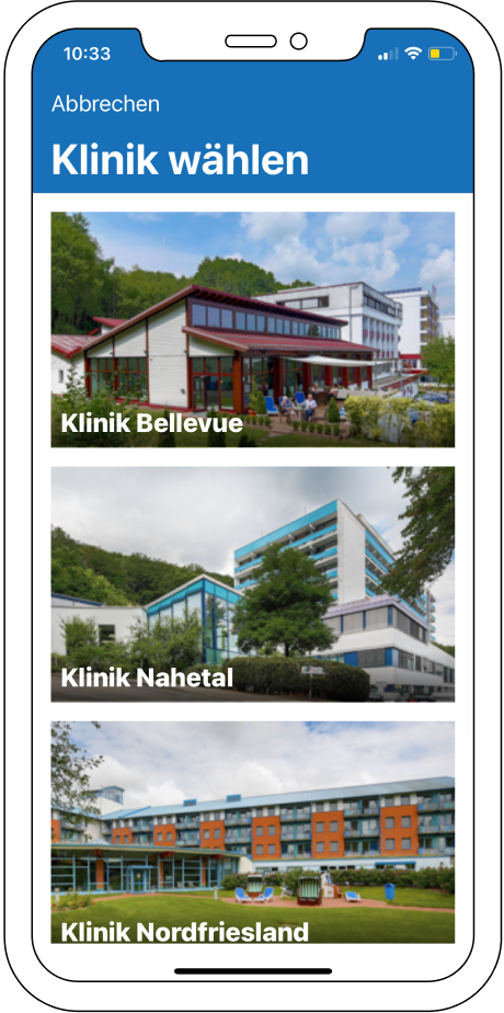 Appscreen Klinikauswahl